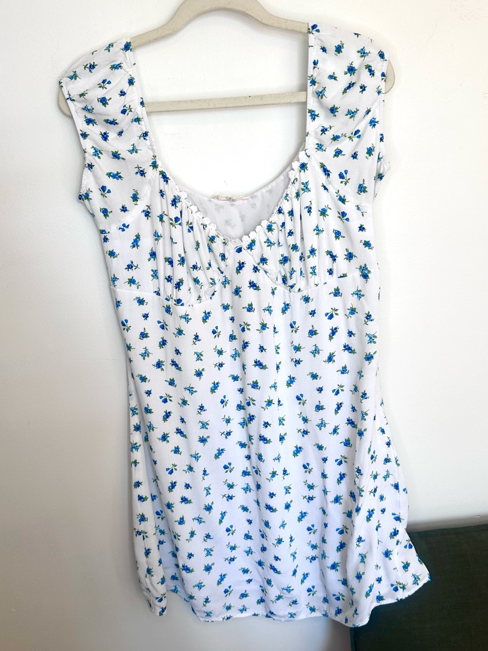 La Hearts White Mini Dress with Blue Floral Sprigs